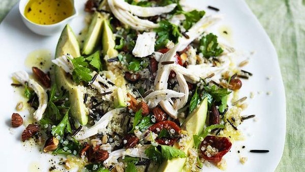 Roast chicken, avocado and rustic grain salad
