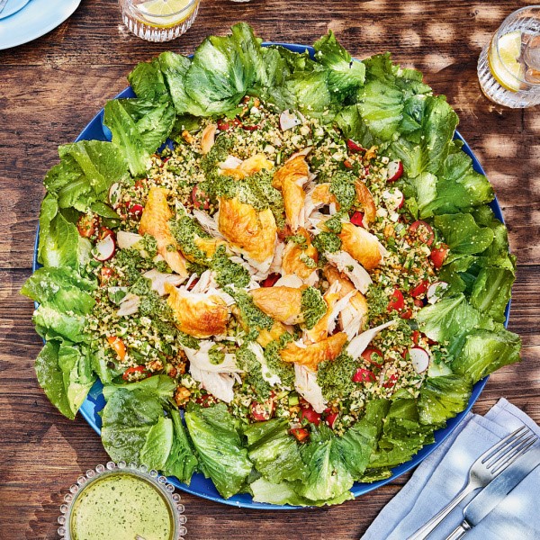 Roast chicken, basil and bulgur wheat salad