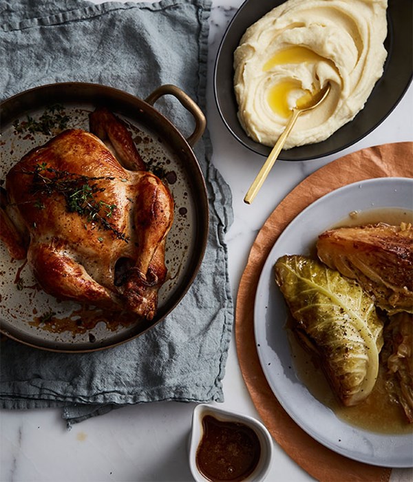 Roast chicken, braised Savoy cabbage, prune and butter sauce