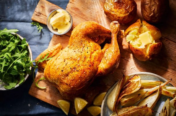 Roast chicken, caramelised fennel & baked potatoes