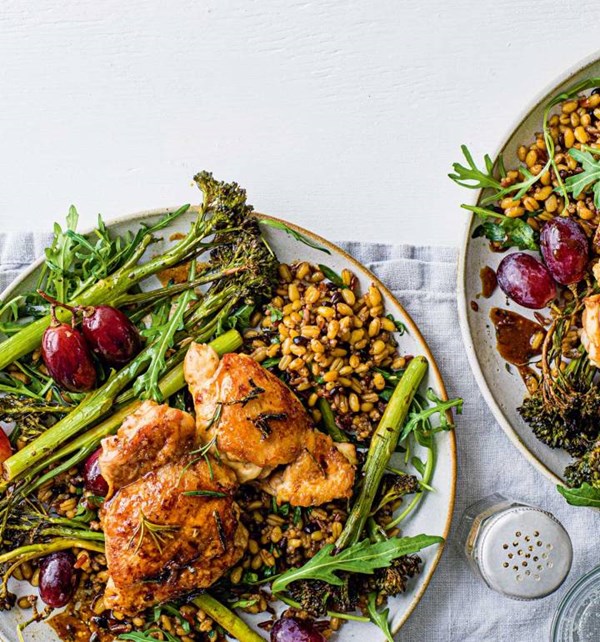Roast chicken, grapes and grains