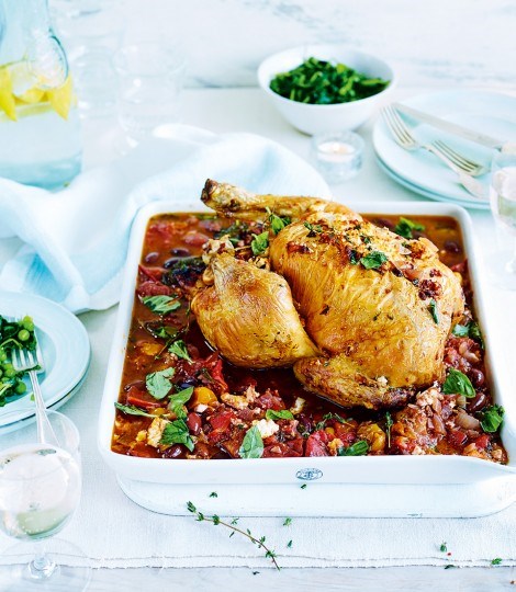 Roast chicken in tomato, basil, olive and feta sauce