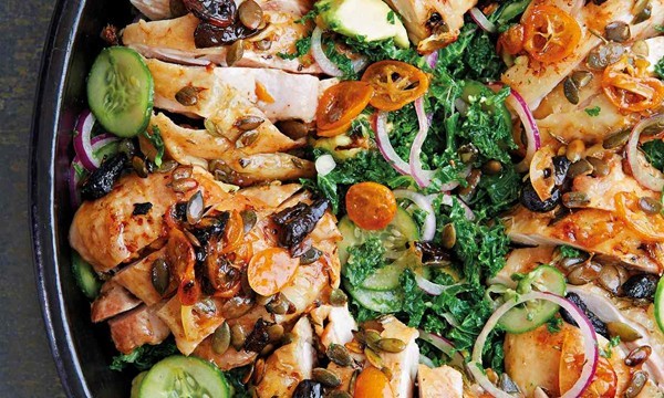 Roast chicken, kumquats, black garlic, kale and avocado 