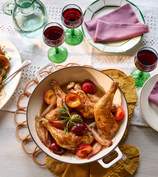 Roast chicken legs, plums and Marsala