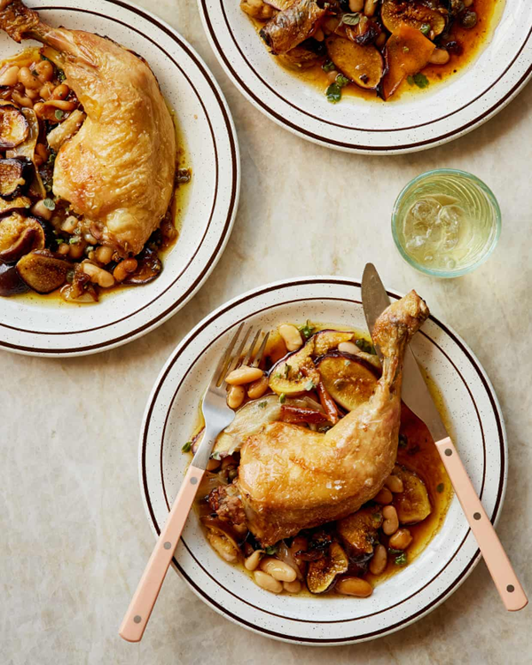 Roast chicken legs with beans and figs