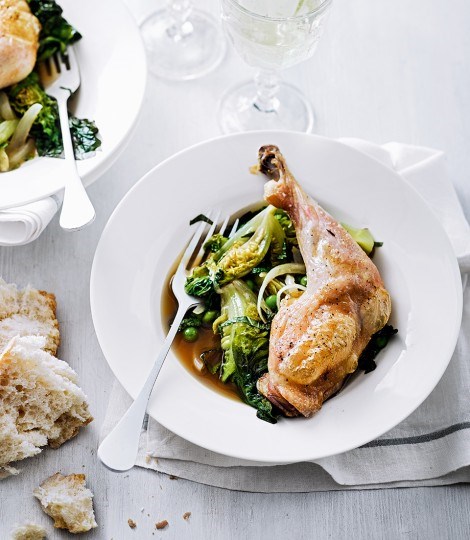 Roast chicken legs with braised little gem, peas and mint