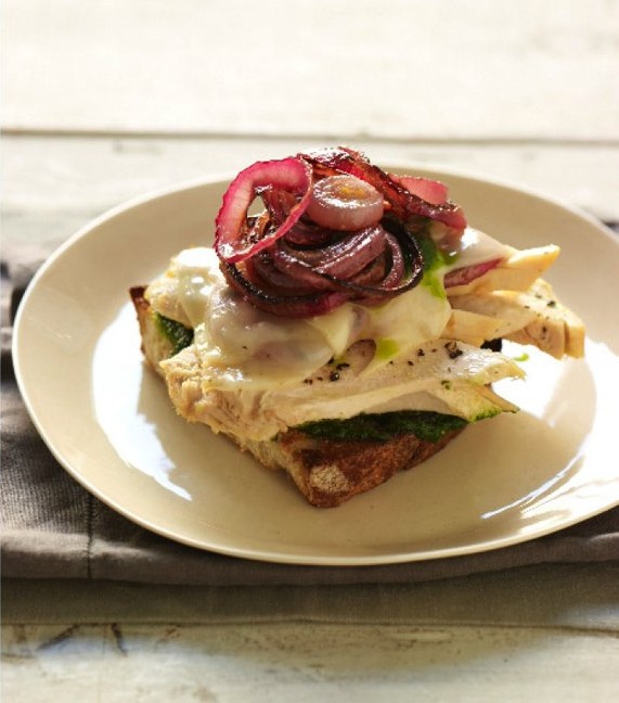 Roast chicken melt with parsley pesto, roasted red onion, and sharp cheddar cheese