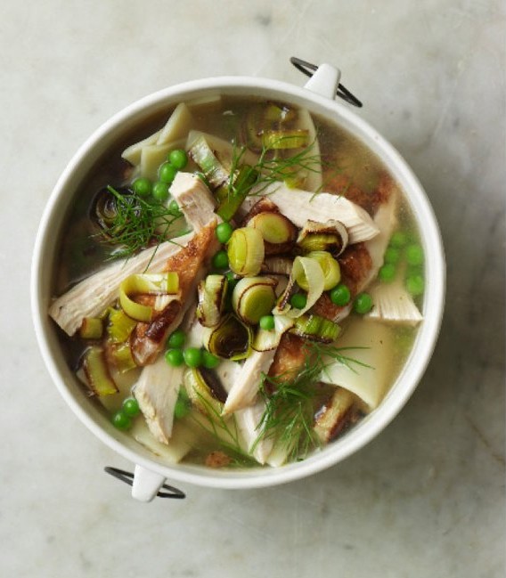 Roast chicken noodle soup with leeks, peas, and dill
