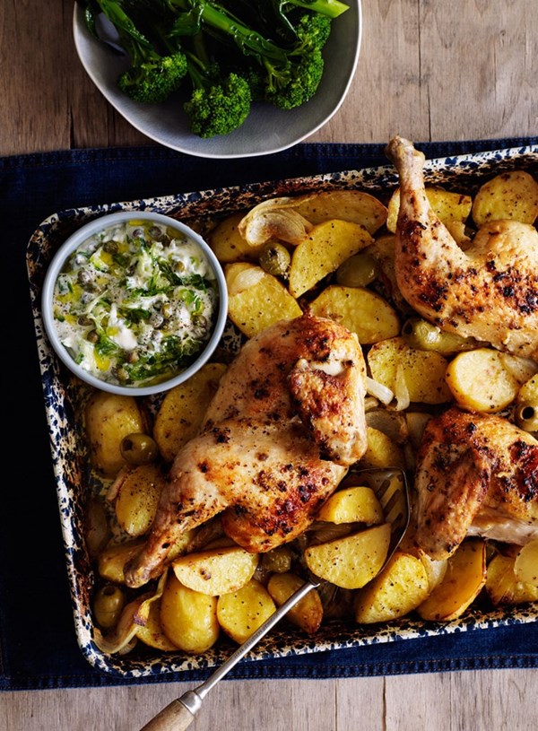 Roast chicken on lemon and oregano potatoes