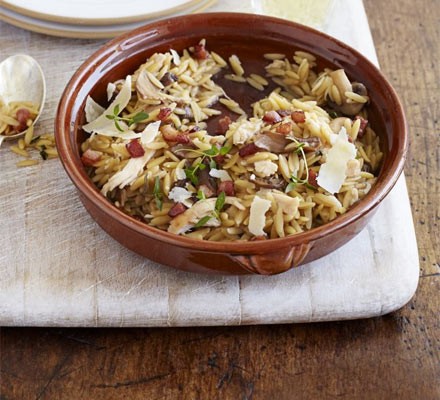 Roast chicken, pancetta and mushroom orzo