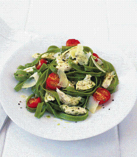 Roast chicken pesto fillets with pasta