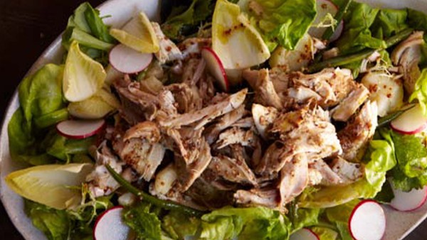 Roast chicken salad and haricots verts with mustard vinaigrette