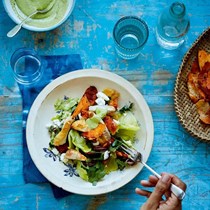 Roast chicken salad with chicken-fat croutons and green tahini dressing
