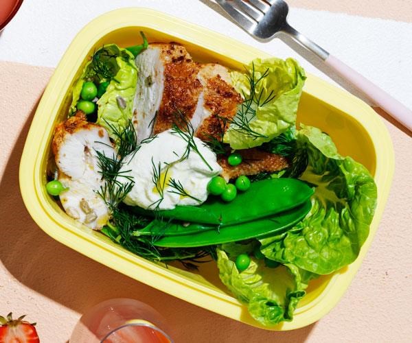 Roast chicken salad with peas and almond-lemon dressing