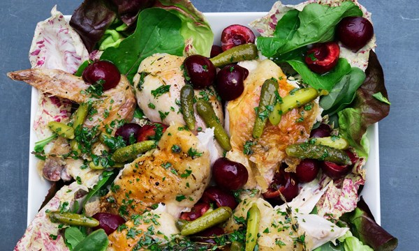 Roast chicken salad with sweet cherries and cornichons