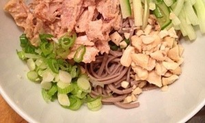 Roast chicken soba noodles with cashew and sesame dressing