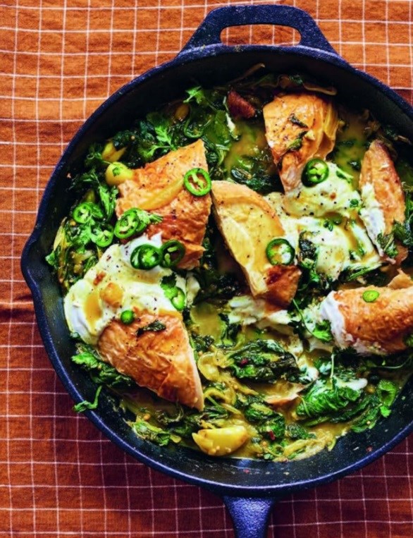 Roast chicken, spiced spinach and yoghurt