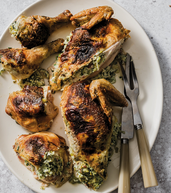Roast chicken stuffed with ricotta, herbs and pancetta