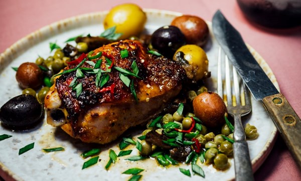 Roast chicken thighs and vegetables