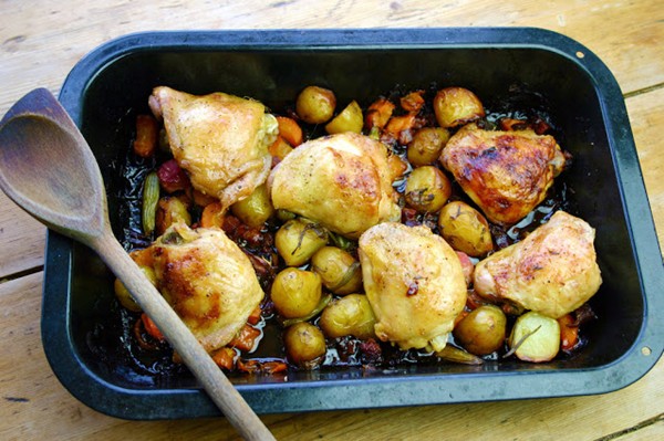 Roast chicken thighs with chorizo