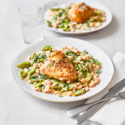 Roast chicken thighs with creamy beans