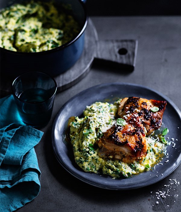 Roast chicken thighs with green polenta