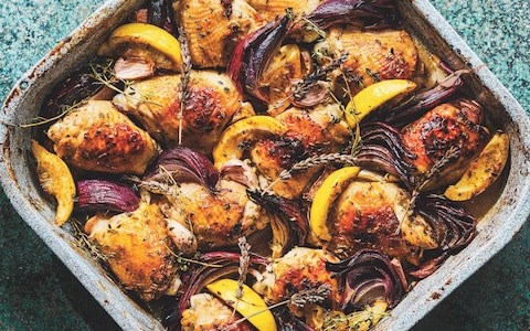 Roast chicken thighs with honey, lavender and lemon