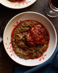 Roast chicken thighs with lentil stew