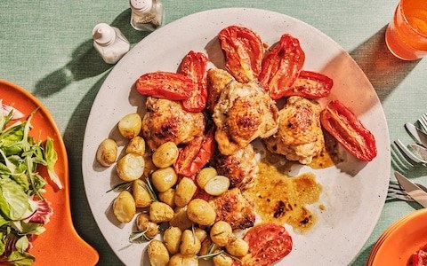 Roast chicken thighs with tomatoes, fennel seeds, chilli and honey