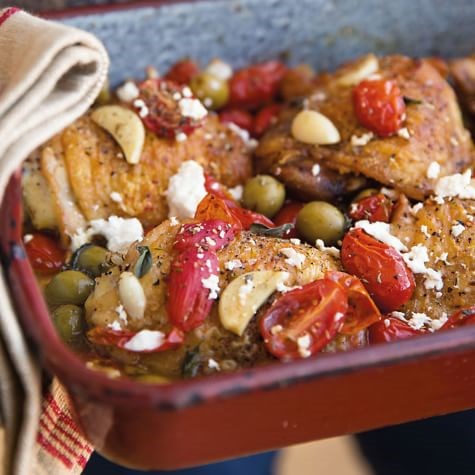 Roast chicken thighs with tomatoes, olives and feta