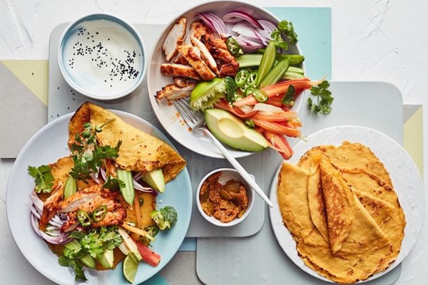 Roast chicken tikka salad with carrot crepes