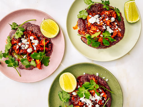 Roast chicken tinga tostadas