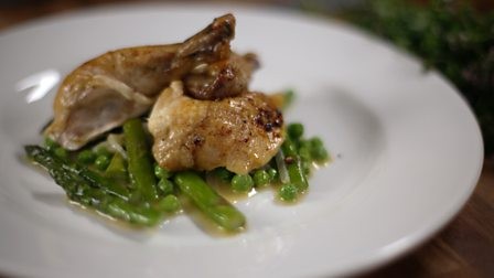 Roast chicken with asparagus fricassée into next-day chicken and asparagus quiche