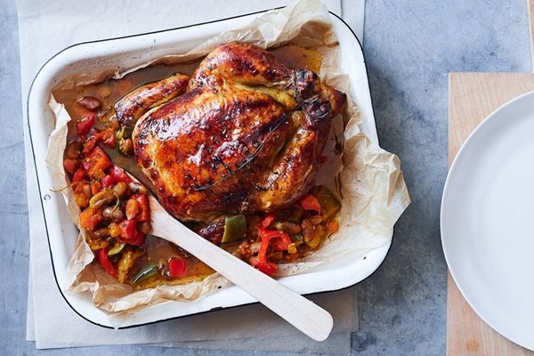 Roast chicken with braised borlotti beans