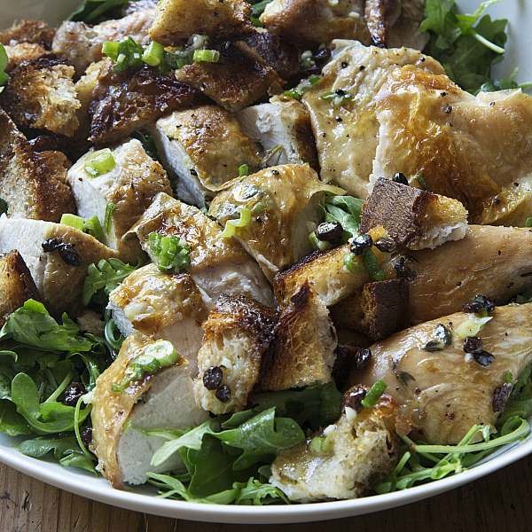 Roast chicken with bread and arugula salad
