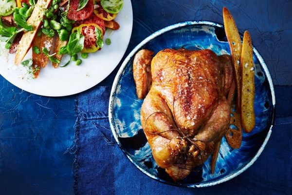Roast chicken with broad bean salad