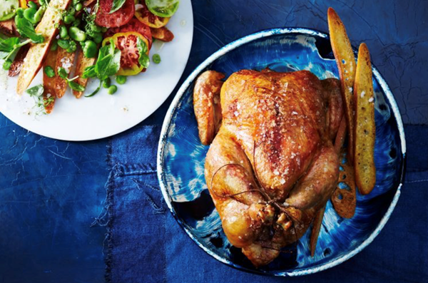 Roast chicken with broad bean salad