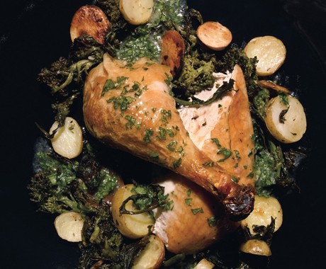 Roast chicken with broccoli rabe, fingerling potatoes, and garlic-parsley jus