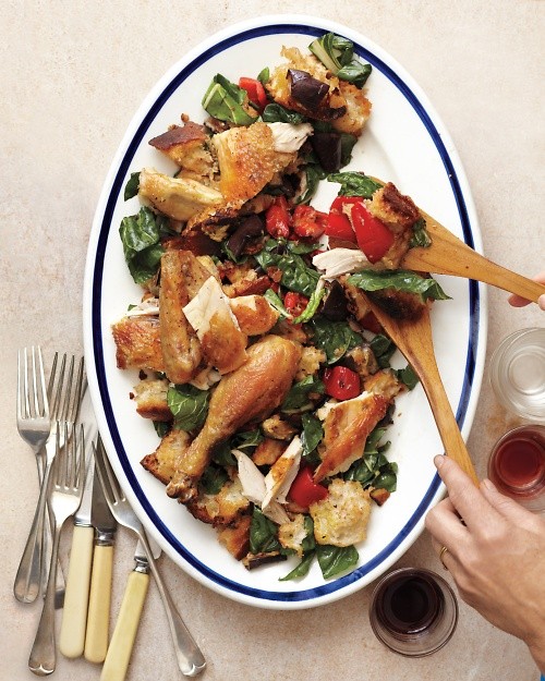 Roast chicken with broiled-vegetable-and-bread-salad