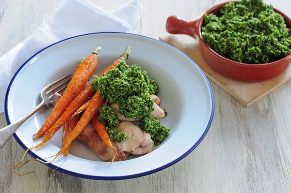 Roast chicken with carrot top pesto