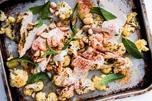 Roast chicken with cauliflower and tahini