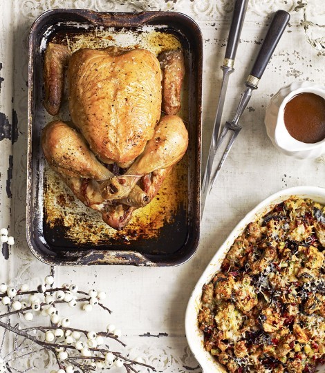 Roast chicken with chard, Italian sausage and Parmesan stuffing