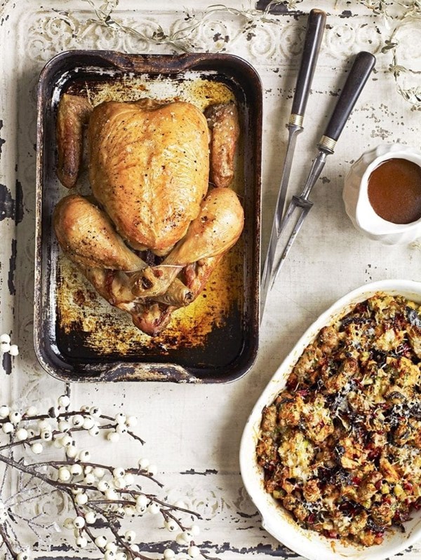 Roast chicken with chard, Italian sausage and Parmesan stuffing