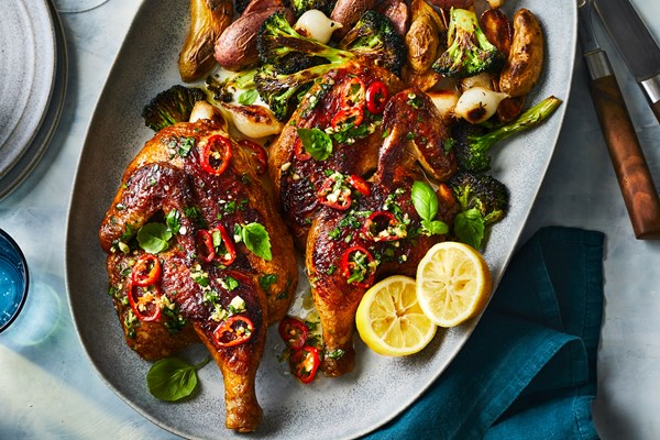 Roast chicken with chile-basil vinaigrette, charred broccoli, and potatoes