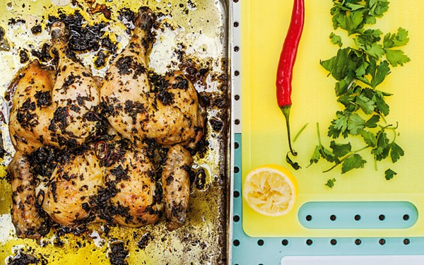 Roast chicken with chilli and crunchy bread
