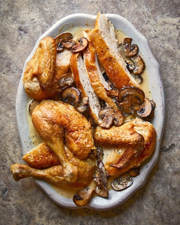 Roast chicken with Comté mushroom sauce