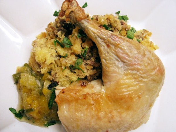 Roast chicken with cornbread and sausage stuffing