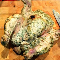 Roast chicken with crème fraîche and herbs
