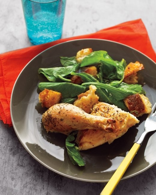 Roast chicken with croutons and wilted greens