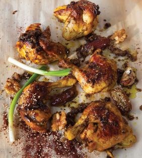 Roast chicken with dates, walnuts + sumac (Morgh-e briyani ba somag-o khorma)